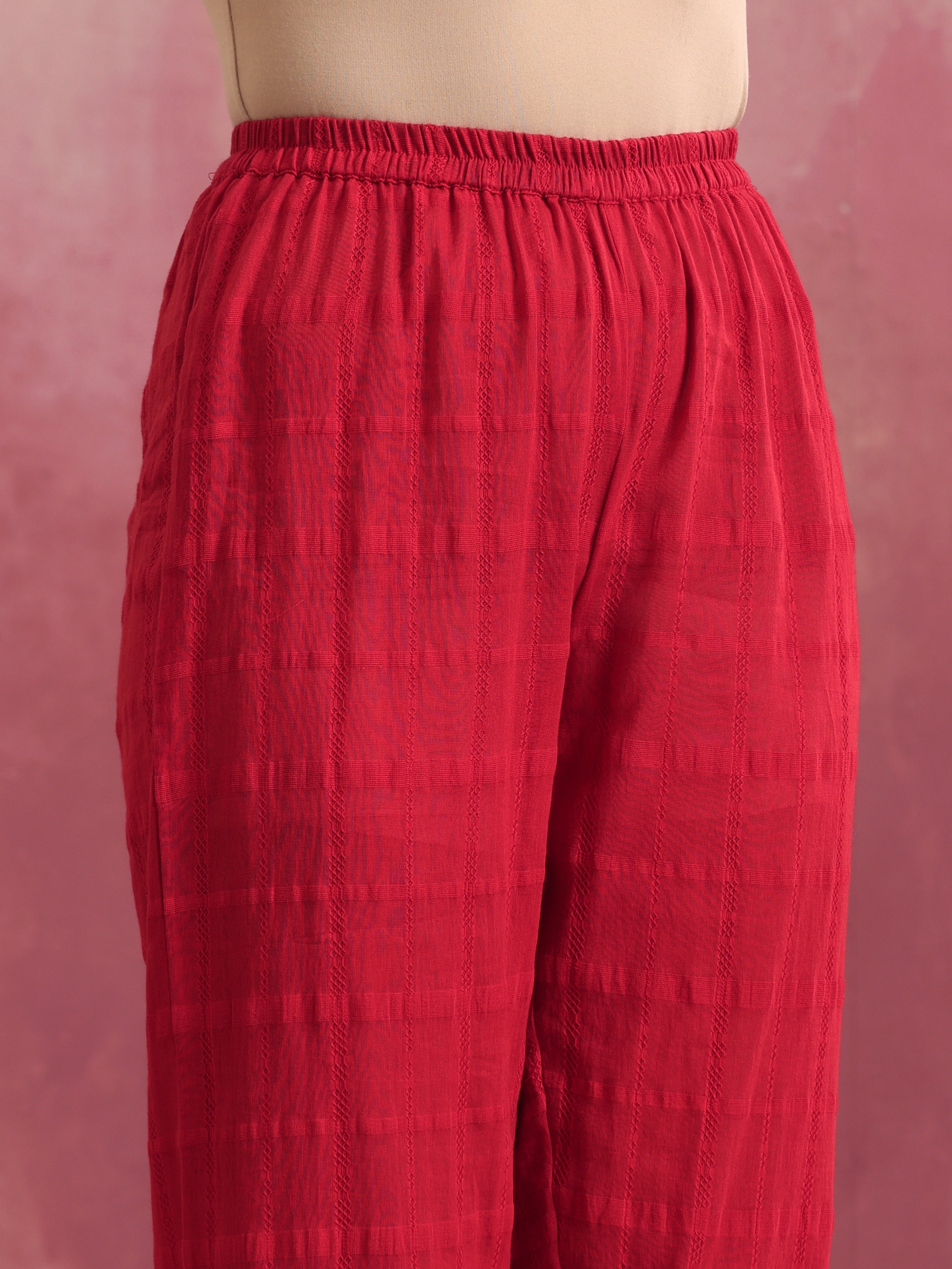 trueBrowns Red Cotton Dobby Flared Kurta Set - Distacart
