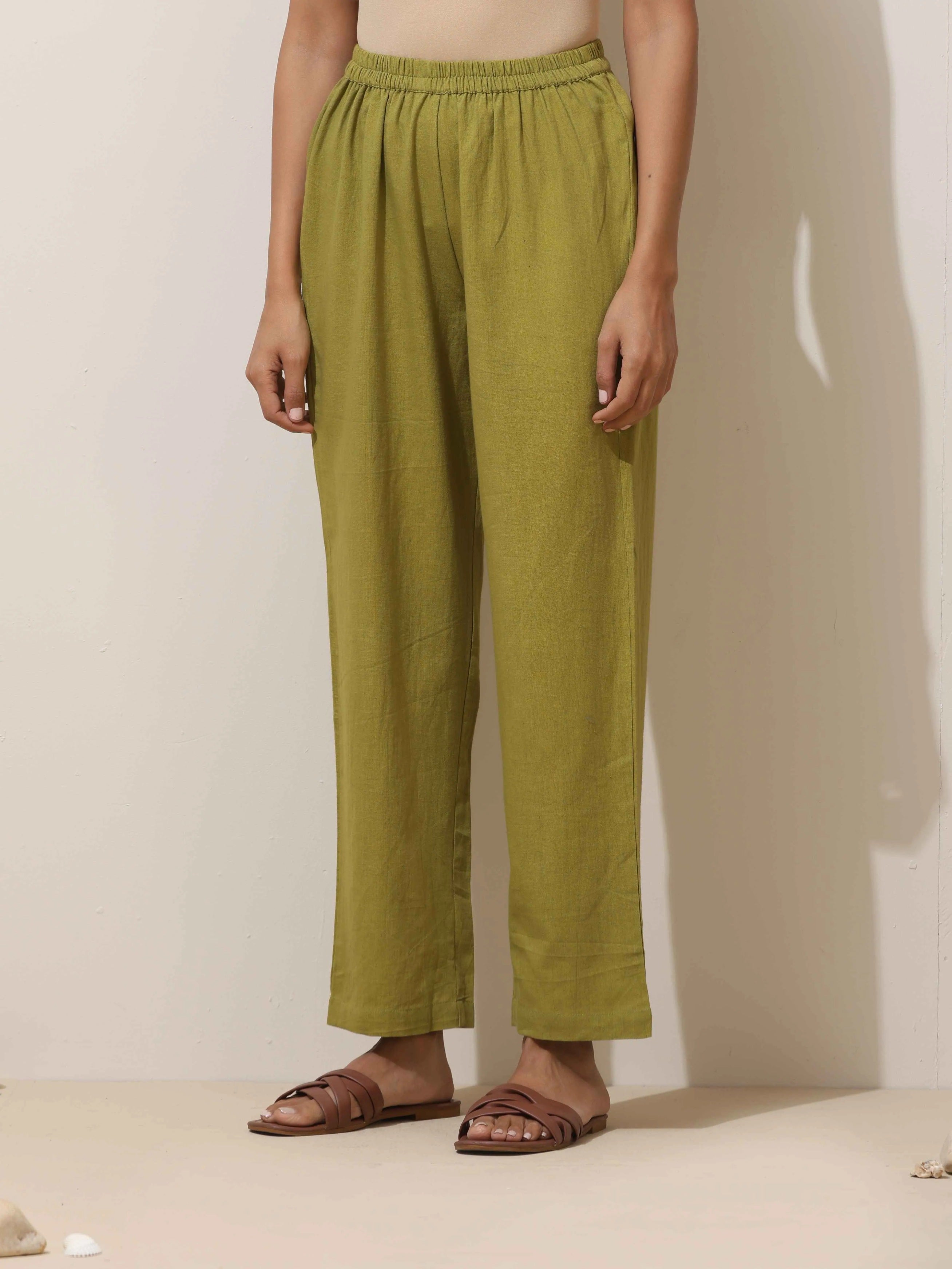 trueBrowns Pear Green Cotton Linen Kurta Pant Set