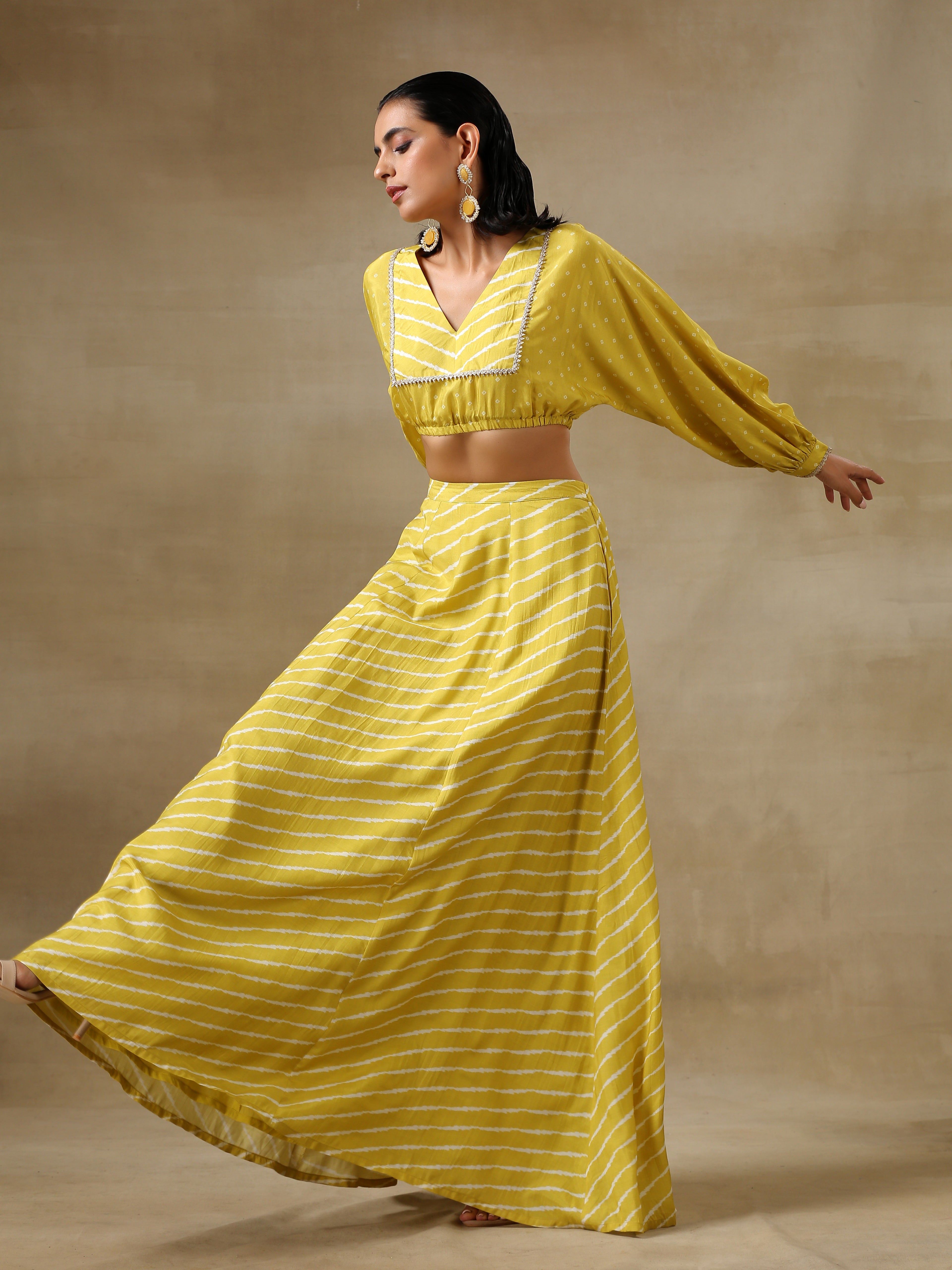 trueBrowns Lime Green Bandhani Printed Silk Top Skirt Set - Distacart