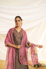 Thumbnail for BulBul Women Brown Embroidered Premium Silk Straight-Shoulder Cut Suit With Dupatta