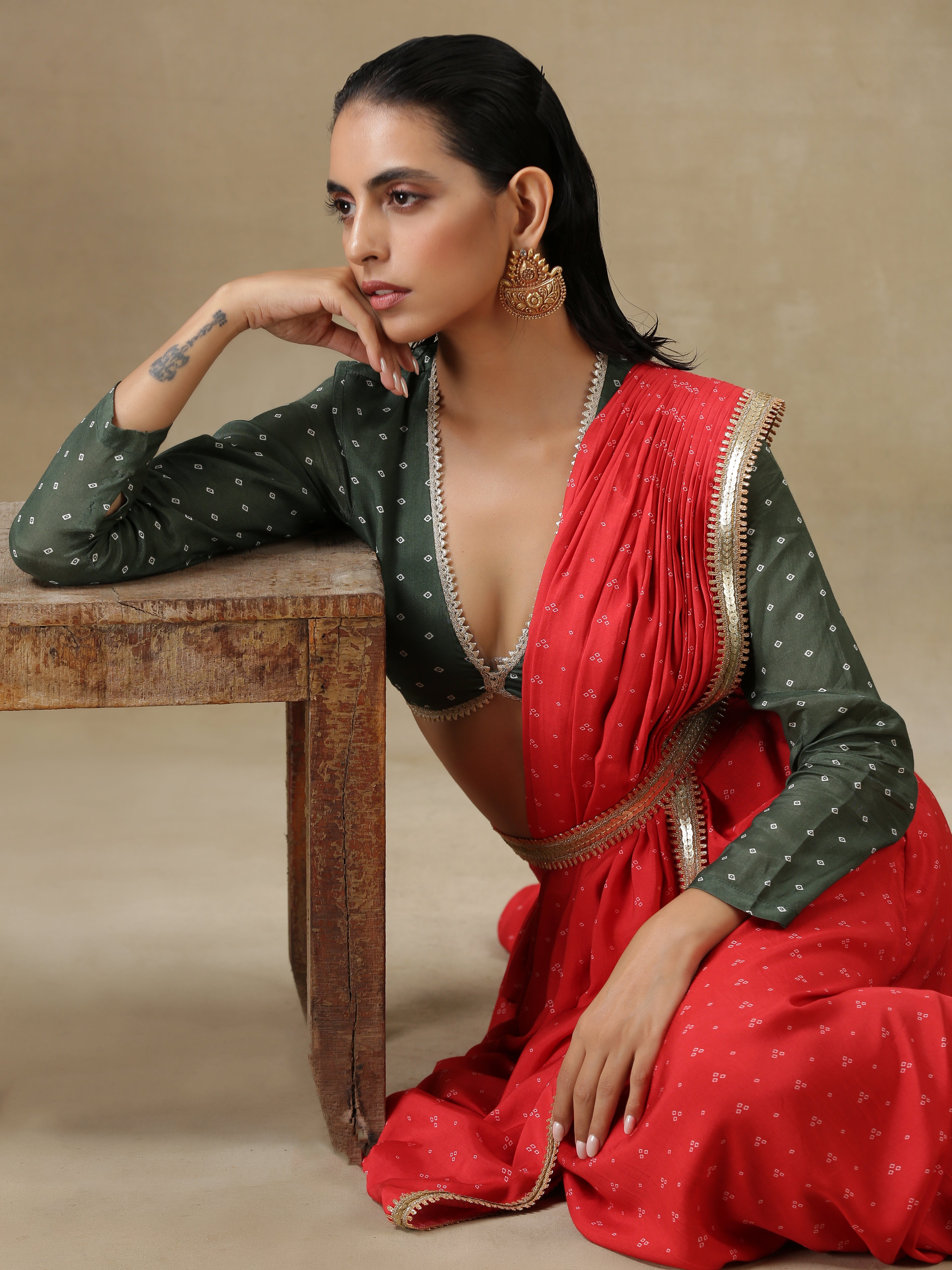 trueBrowns Red Bandhani Printed Silk Skirt Stitched Saree with Belt - Distacart