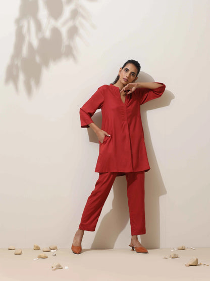 trueBrowns Maroon Viscose Solid Co-ord Set - Distacart