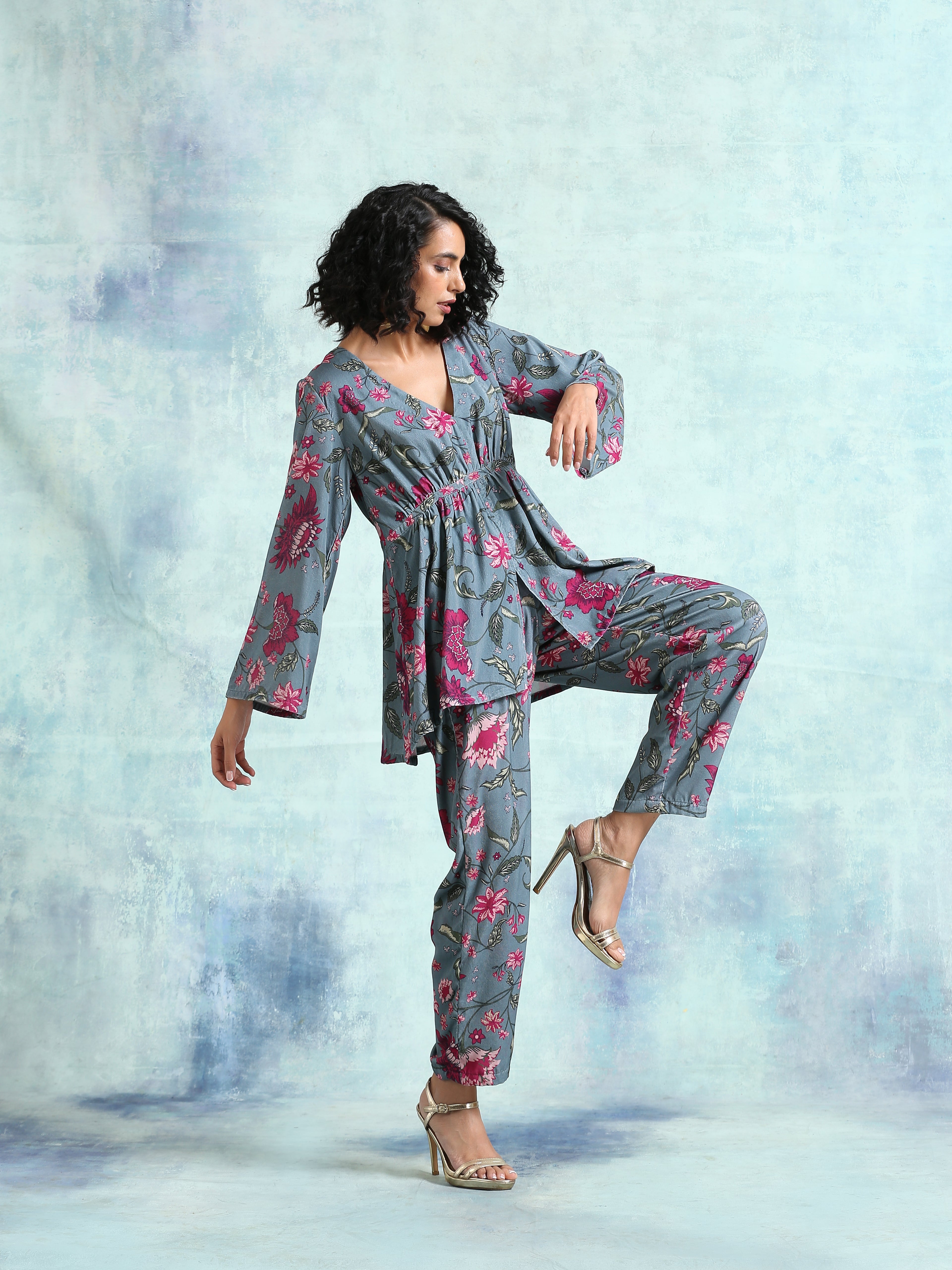 trueBrowns Grey Printed Velvet Co-Ord Set - Distacart