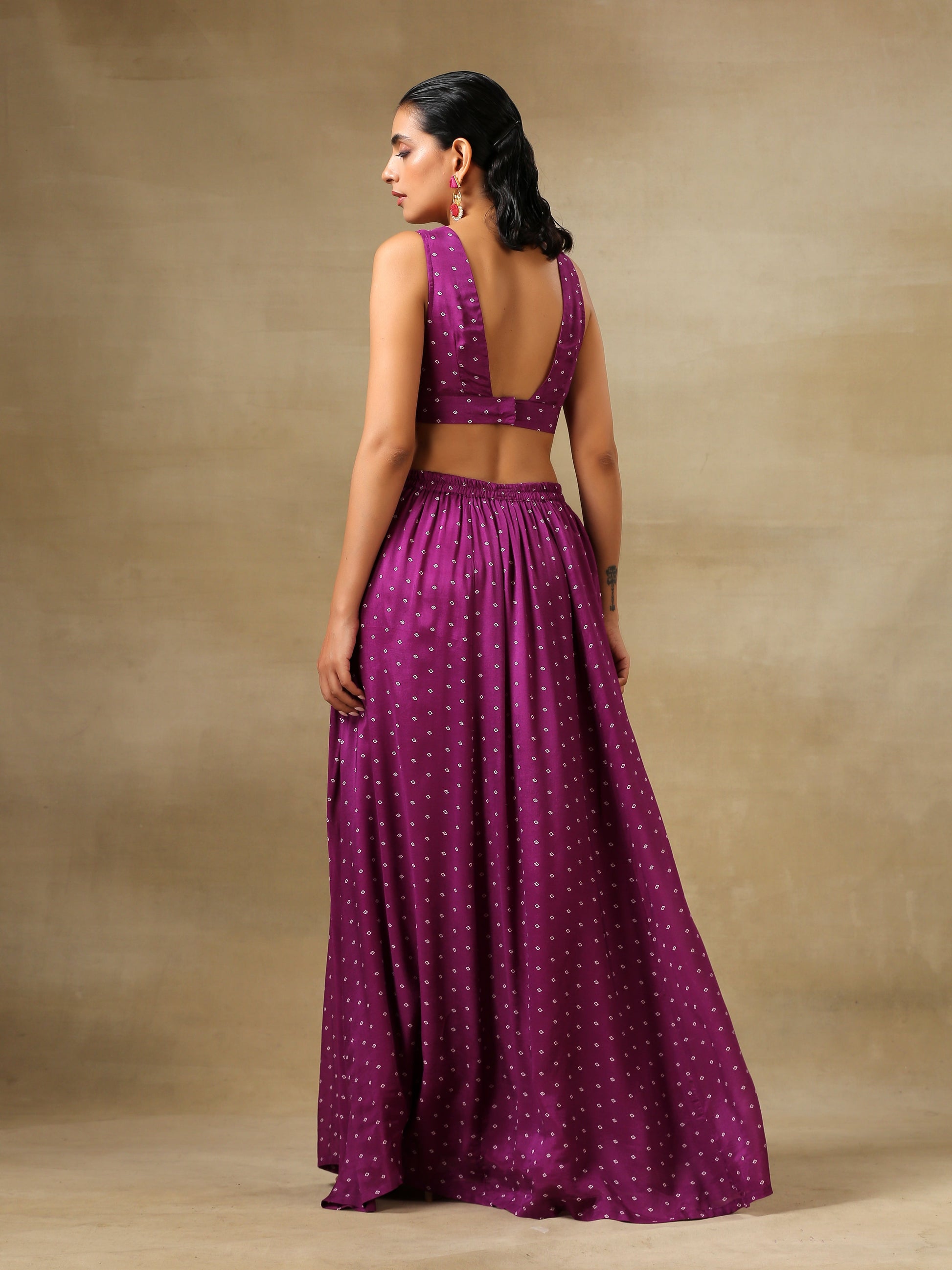 trueBrowns Purple Bandhani Printed Silk Top Skirt Jacket Set - Distacart