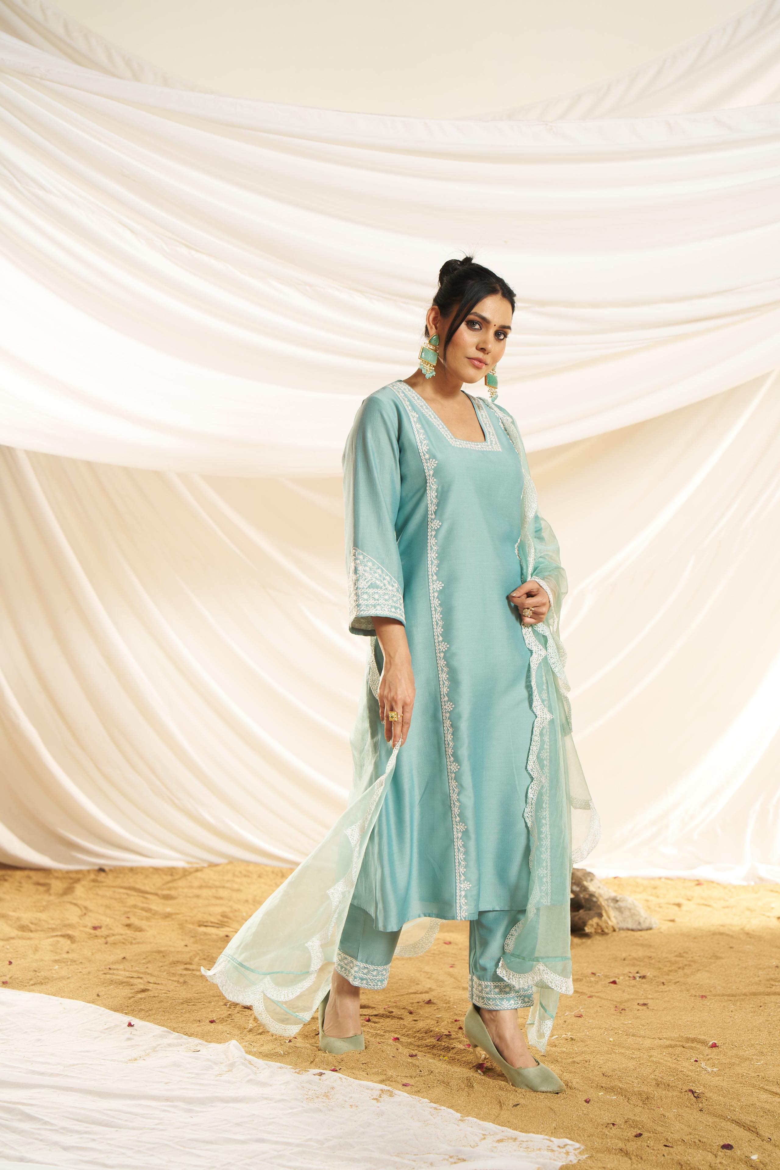 BulBul Women Aqua Embroidered Premium Silk Straight Suit With Dupatta
