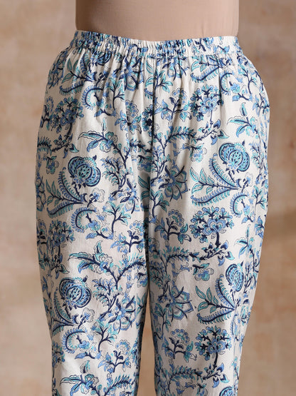 trueBrowns White With Overall Blue Print Cotton Angrakha Kurta Pant Set - Distacart