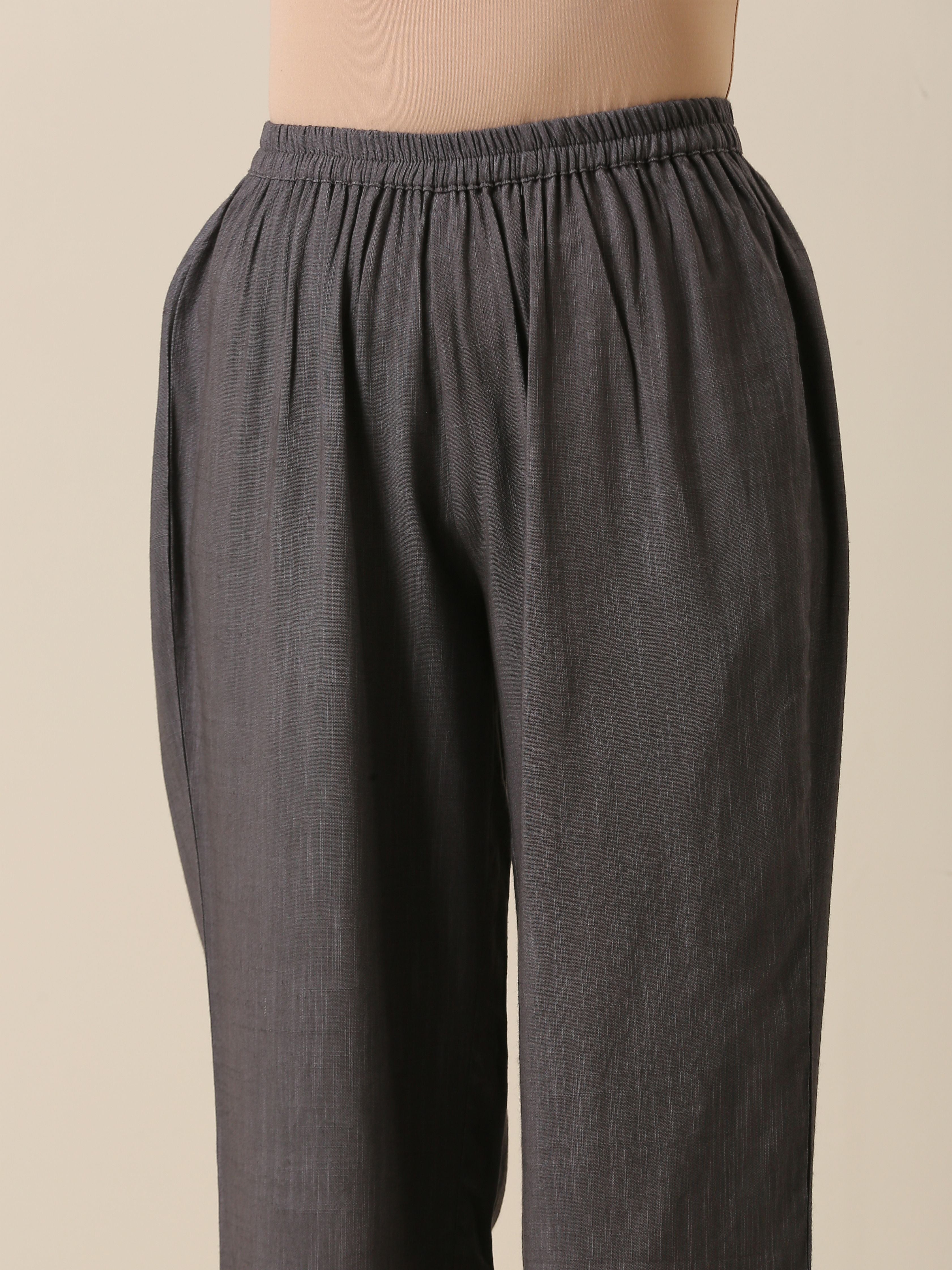 trueBrowns Slate Grey Slub Texture Overlap Pleat Kurta Pant Set - Distacart