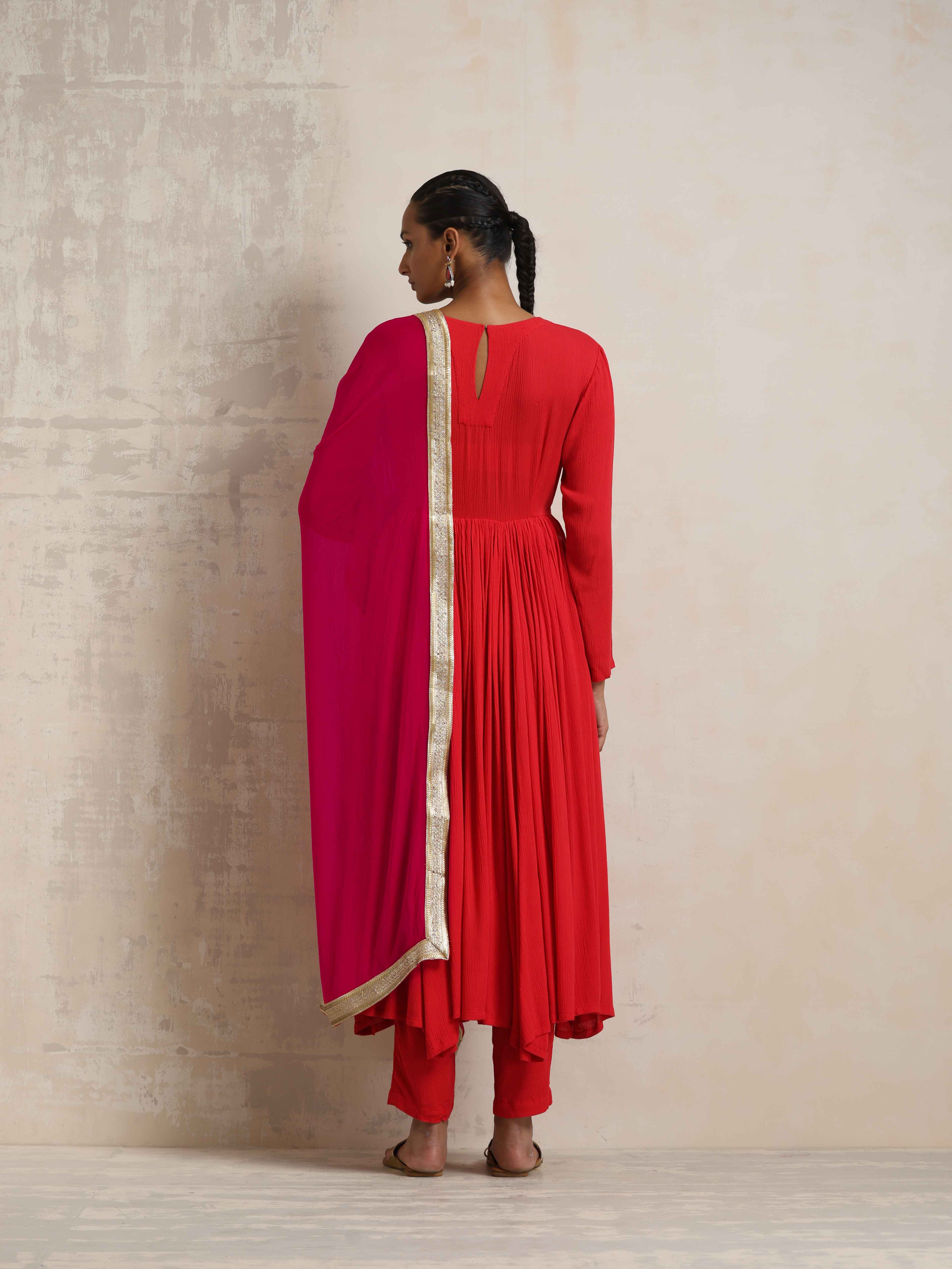 trueBrowns Red Crinkle Anarkali Kurta Pant Dupatta Set - Distacart
