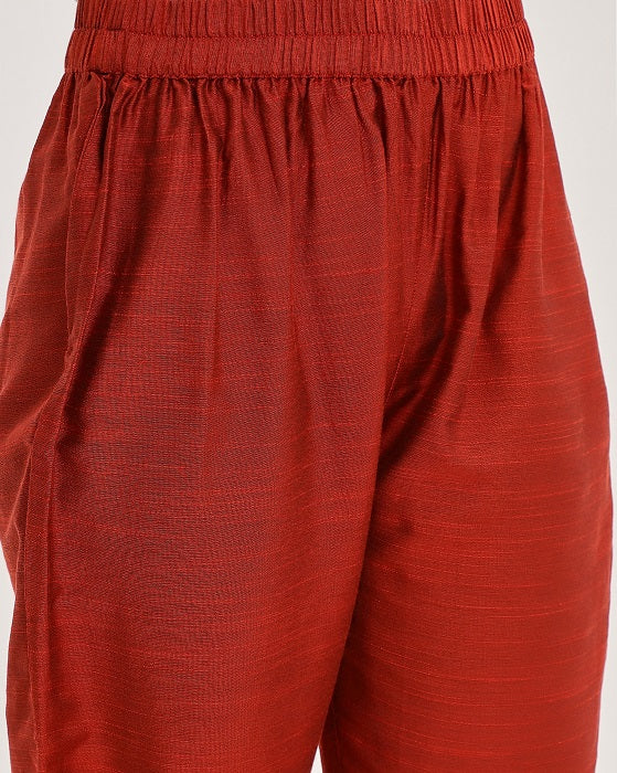 Varanga Women Maroon & Silver Embroidered Straight Kurta With Solid Trouser And Printed Dupatta With Fringes