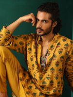 Thumbnail for trueBrowns Men's Mustard Flower Stem Muslin Silk Printed Co-ord Set - Distacart