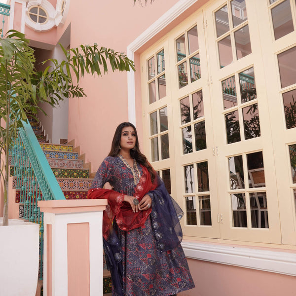 BulBul Inaya Chanderi Blue Kurta Set with Dupatta