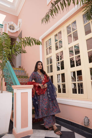 BulBul Inaya Chanderi Blue Kurta Set with Dupatta