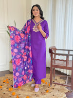 Thumbnail for The52 Women's Beautiful Roman Silk Embroidered Straight Kurta with Pant And Dupatta Set