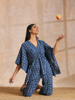 Thumbnail for trueBrowns Indigo Dabu Floral Print Cotton Kaftan Co-Ord Set - Distacart