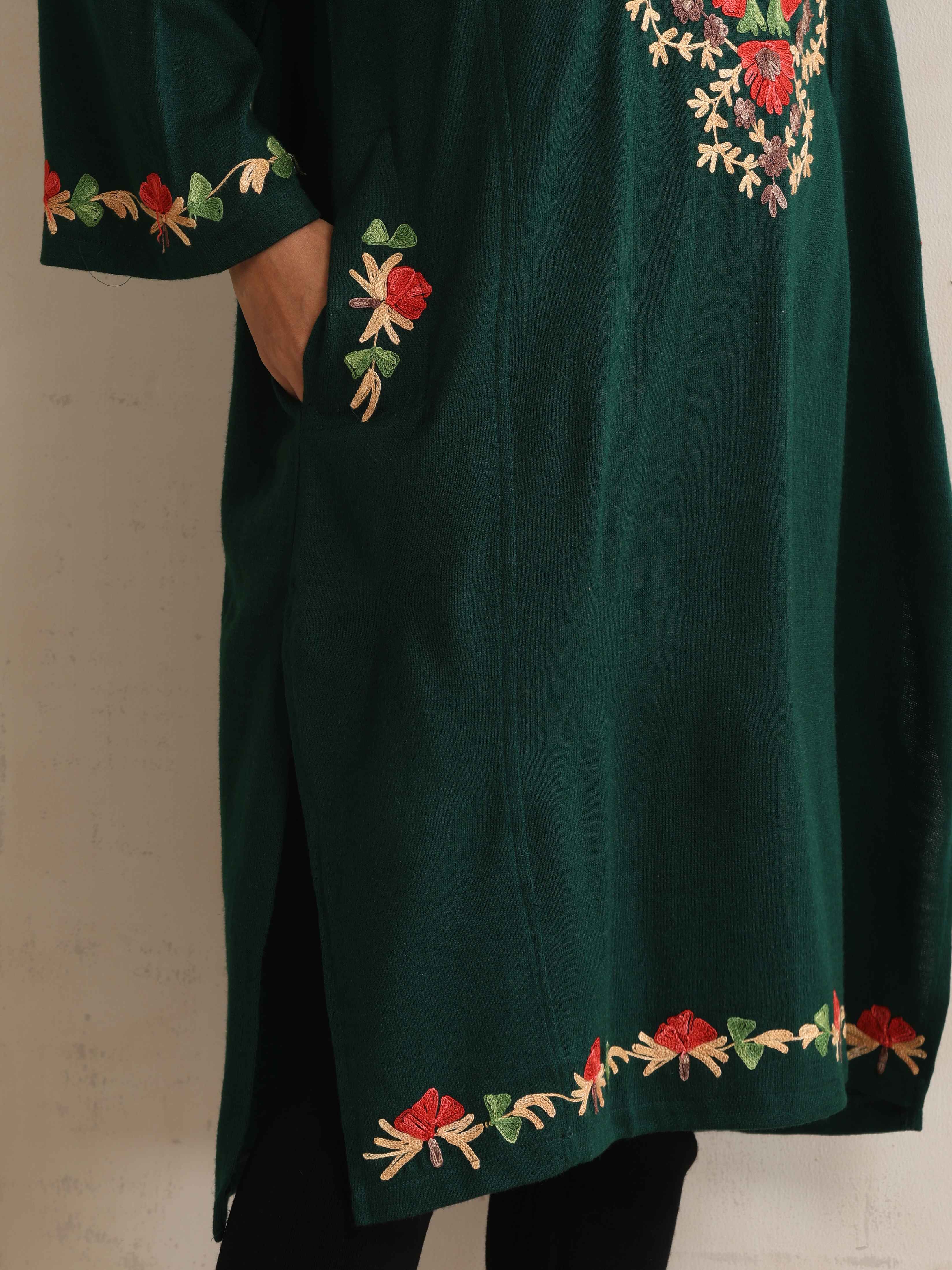 trueBrowns Green Kashmiri Floral Embroidered Woollen Phiran Kurta - Distacart