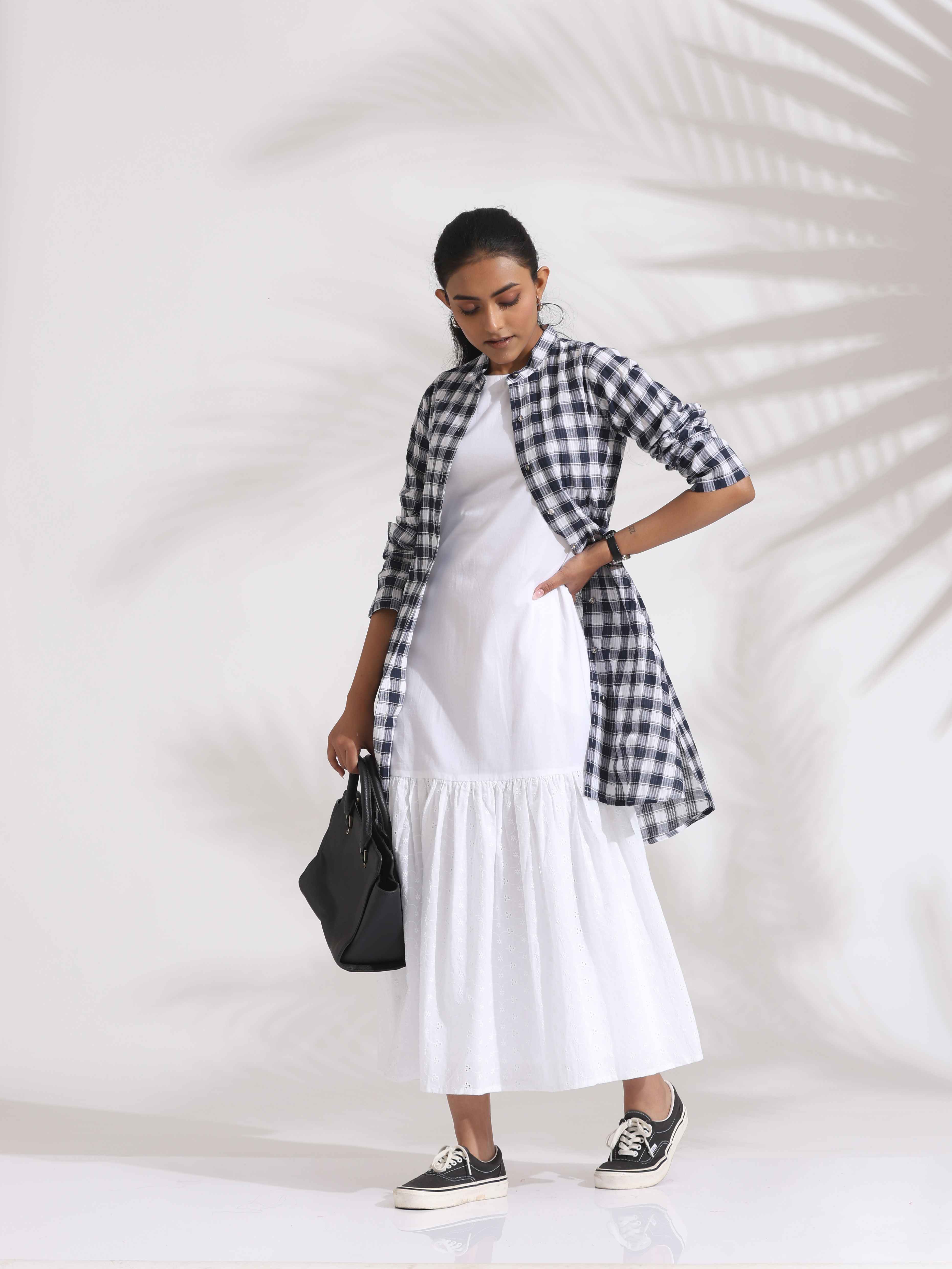 trueBrowns White Cotton Schiffli Tier Dress - Distacart