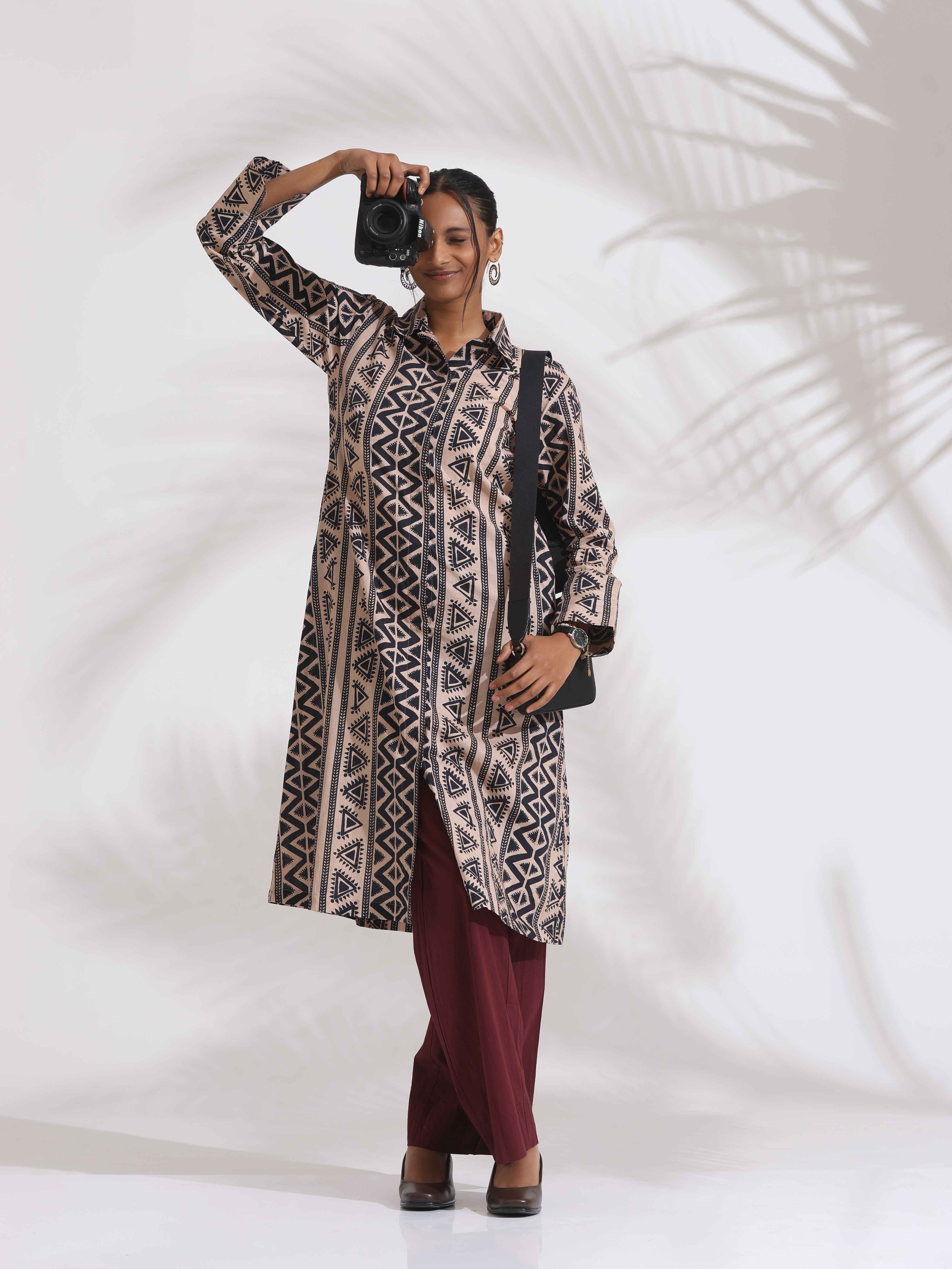 trueBrowns Beige Cotton Geometric Print Shirt Kurta Set