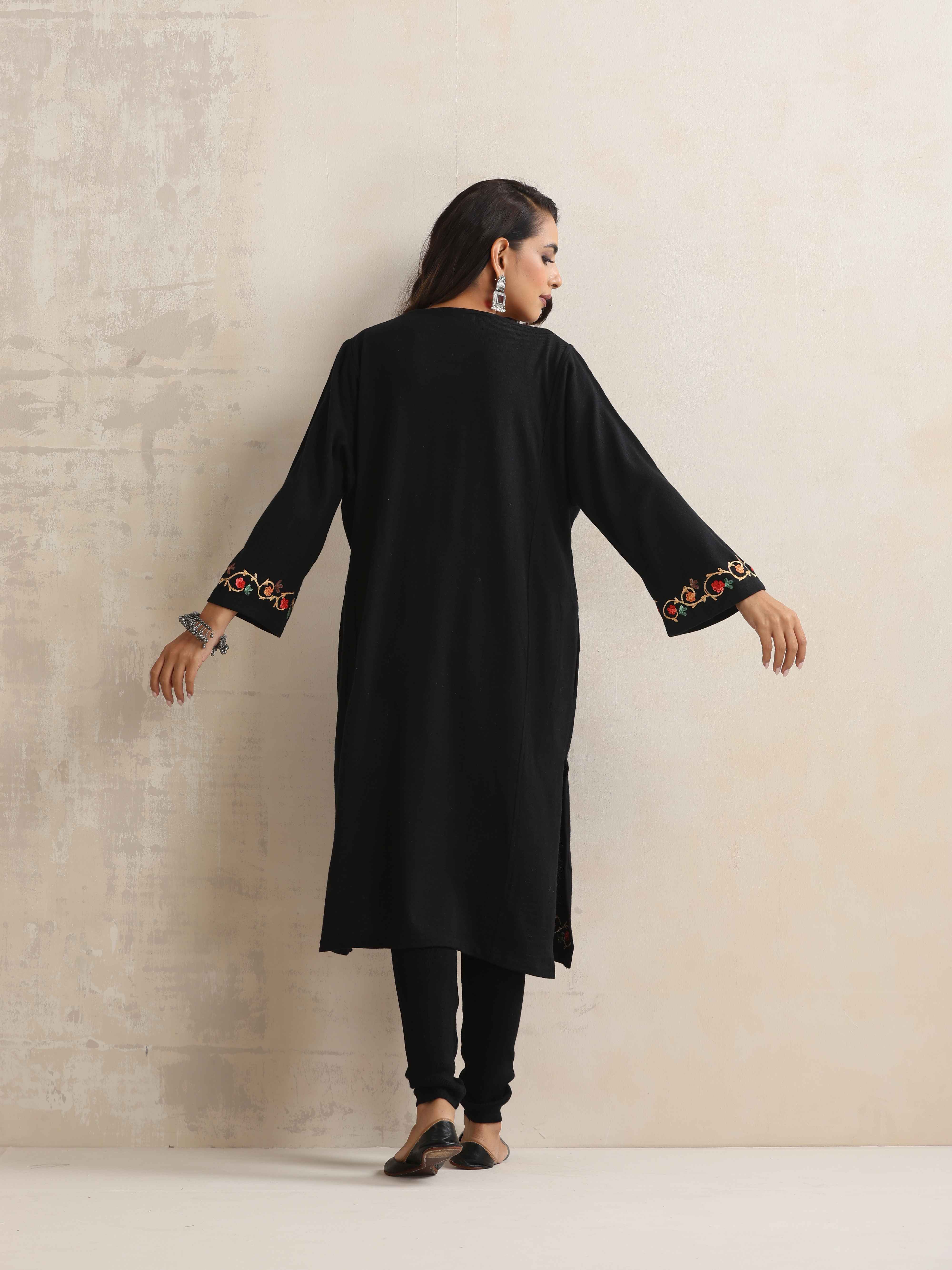 trueBrowns Black Kashmiri Floral Embroidered Woollen Phiran Kurta - Distacart