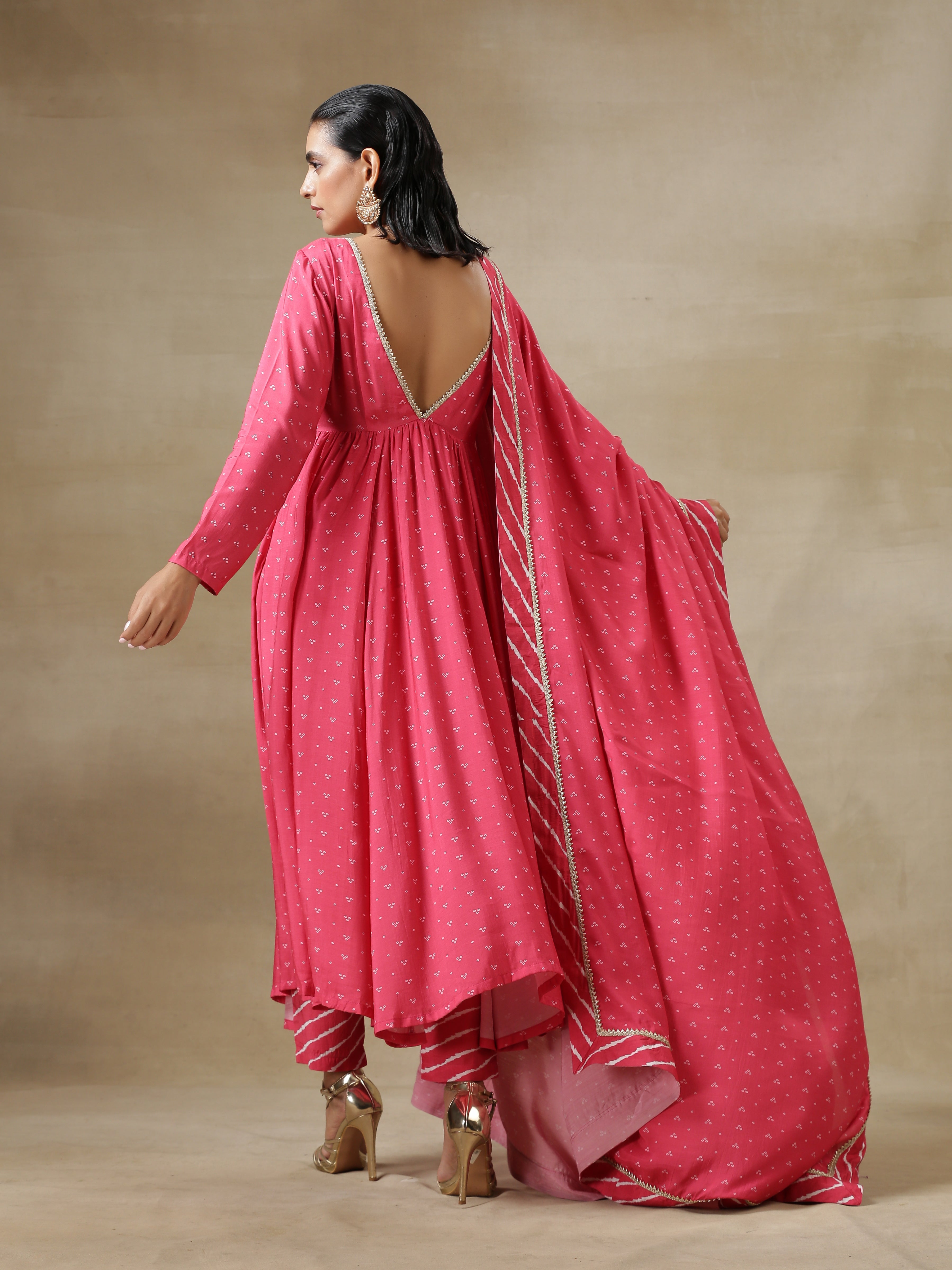 trueBrowns Pink Bandhani Printed Silk Anarkali Kurta Pant Dupatta Set - Distacart