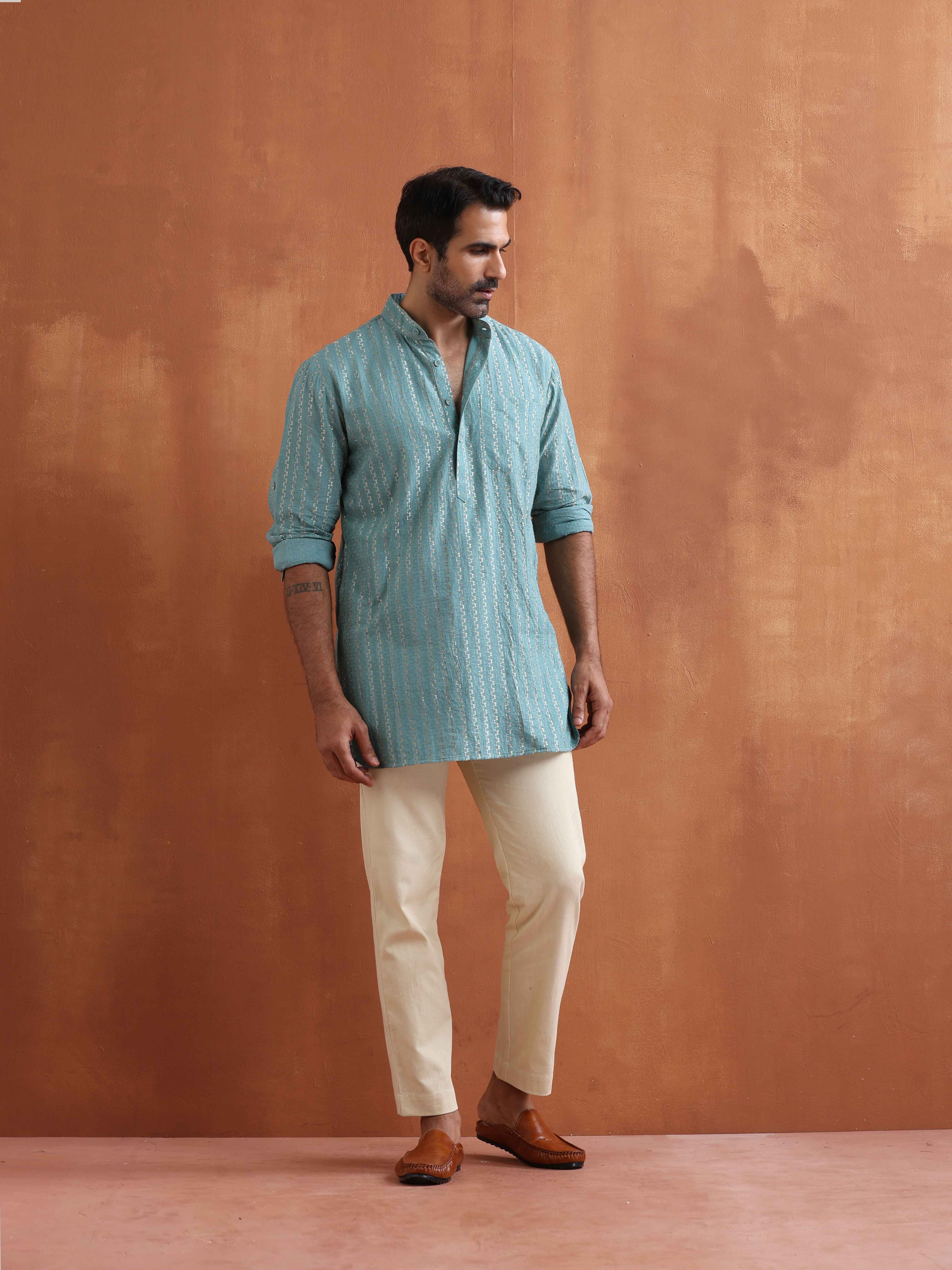 trueBrowns Men's Green Cotton Dobby Short Kurta