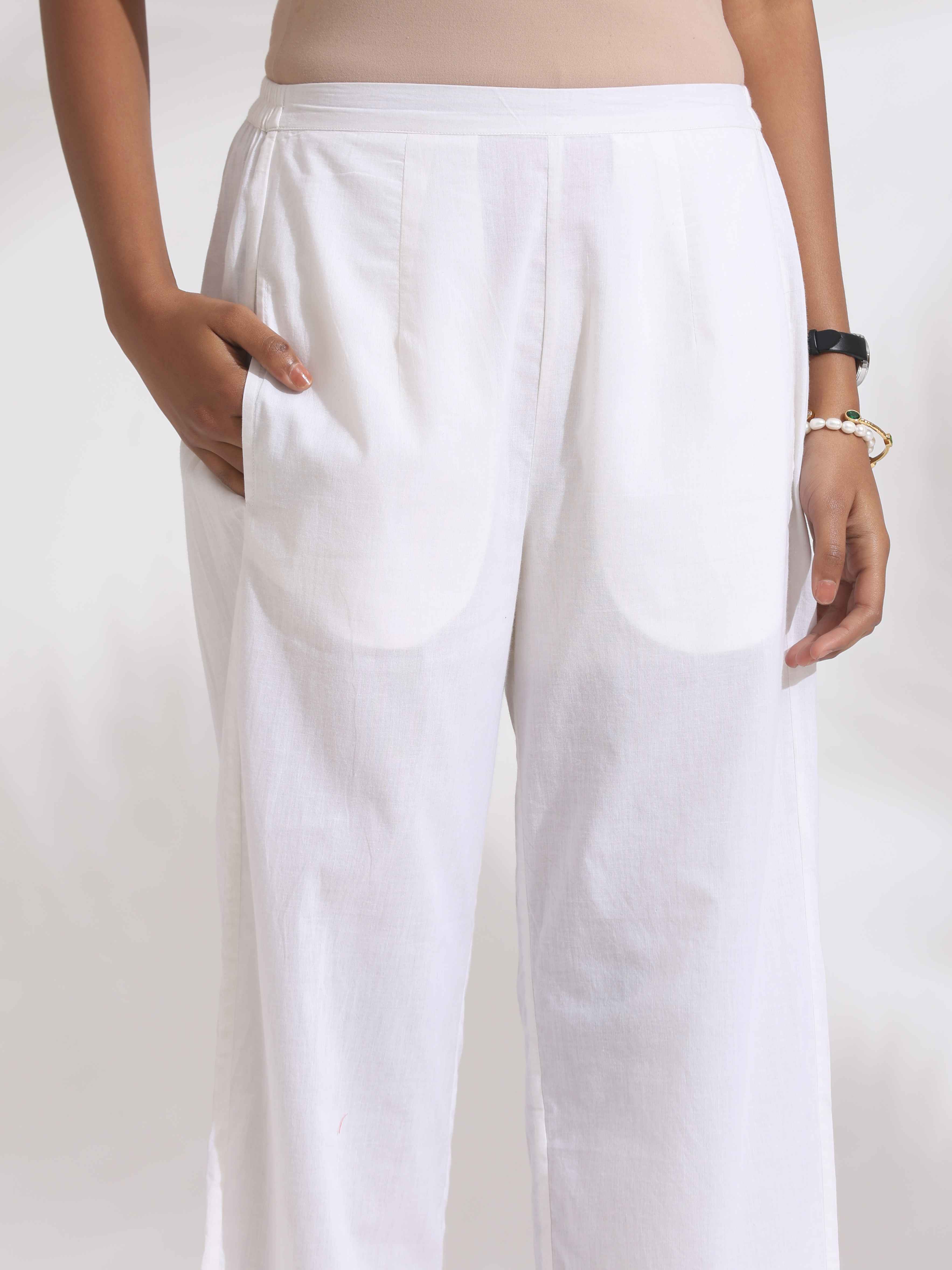 trueBrowns White Cotton Stripe Print Pleated Kurta Set