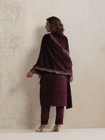 Thumbnail for trueBrowns Purple Velvet Geometric Embroidered Kurta Pant Dupatta Set