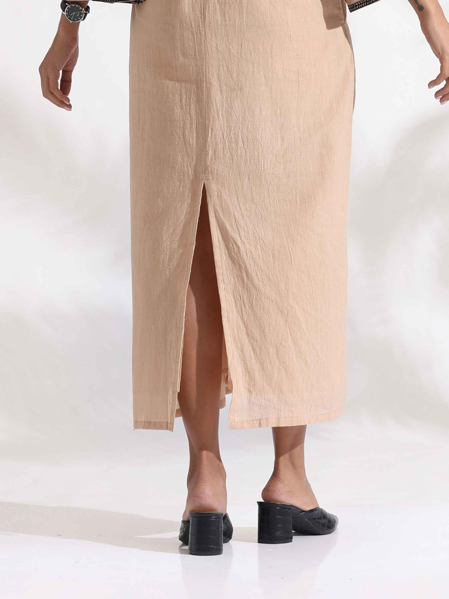 trueBrowns Beige Cotton Print Long Dress