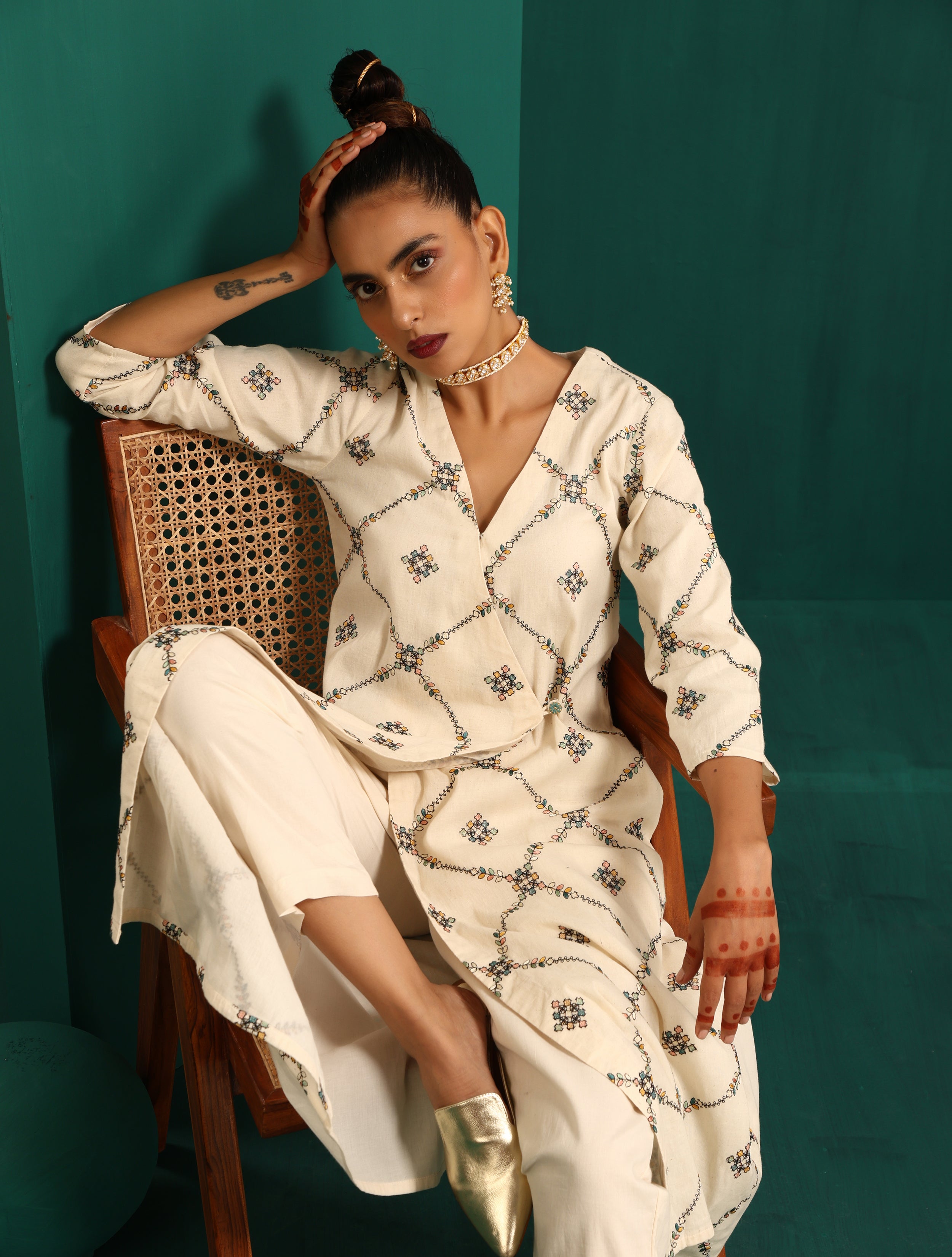 trueBrowns Ivory Rhombus Cotton Angrakha Kurta Pant Set - Distacart