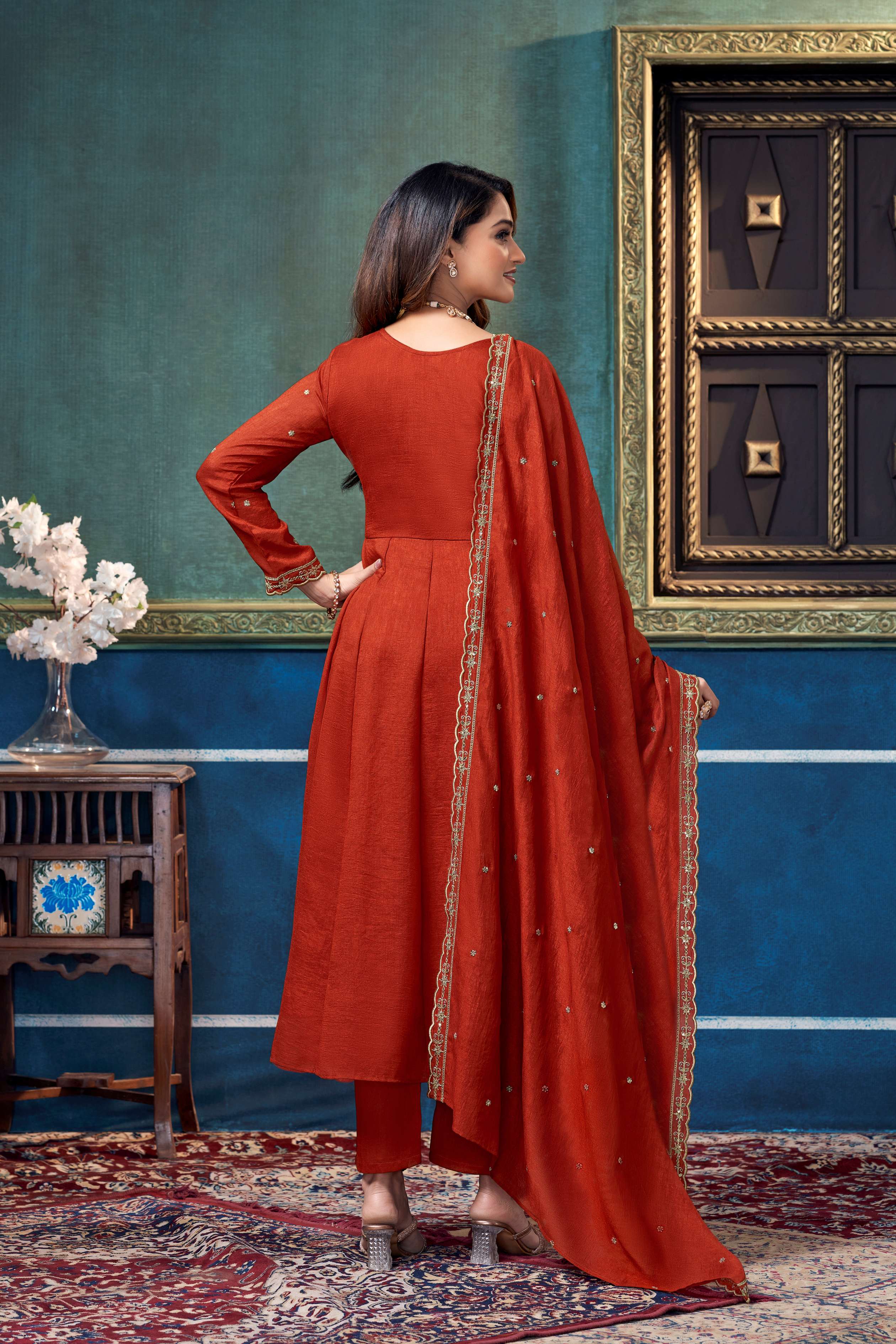 Anaita Rust Anarkali Readymade Suit with Embroidery Work - Dista