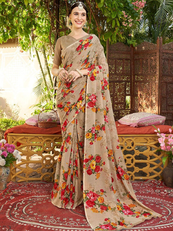 Anouk Grey & Red Floral Printed Art Silk Saree - Distacart