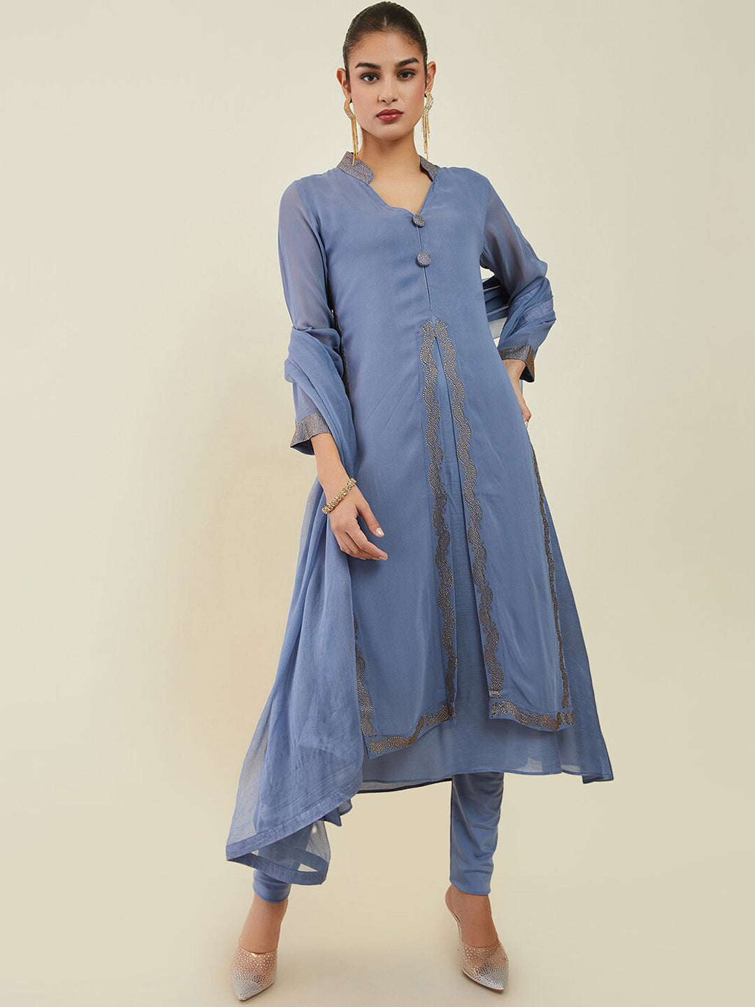 Soch Women Ethnic Motifs Layered Beads and Stones Georgette Kurta with Churidar & Dupatta - Distacart