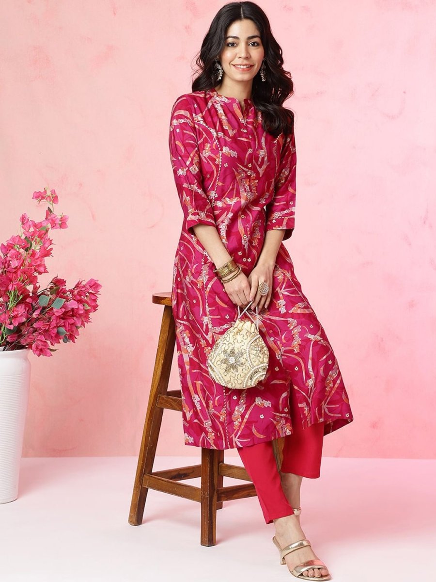 Anouk Fuchsia Abstract Printed Panelled Chanderi Silk Kurta with Trousers - Distacart