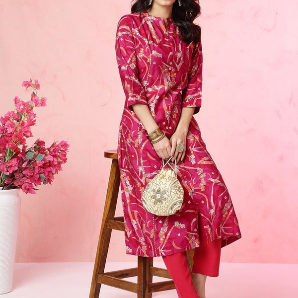 Anouk Fuchsia Abstract Printed Panelled Chanderi Silk Kurta with Trousers - Distacart