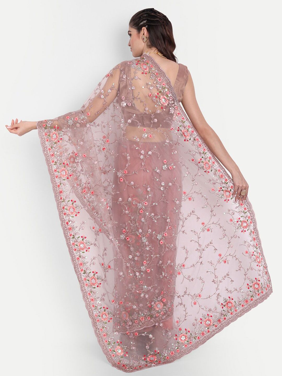 kasee Kasee Lavender & Red Floral Embroidered Net Saree - Distacart