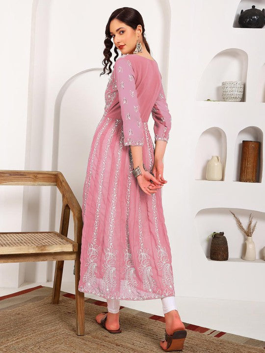 HERE&NOW Women Chikankari Embroidered Thread Work Georgette Anarkali Kurta - Distacart
