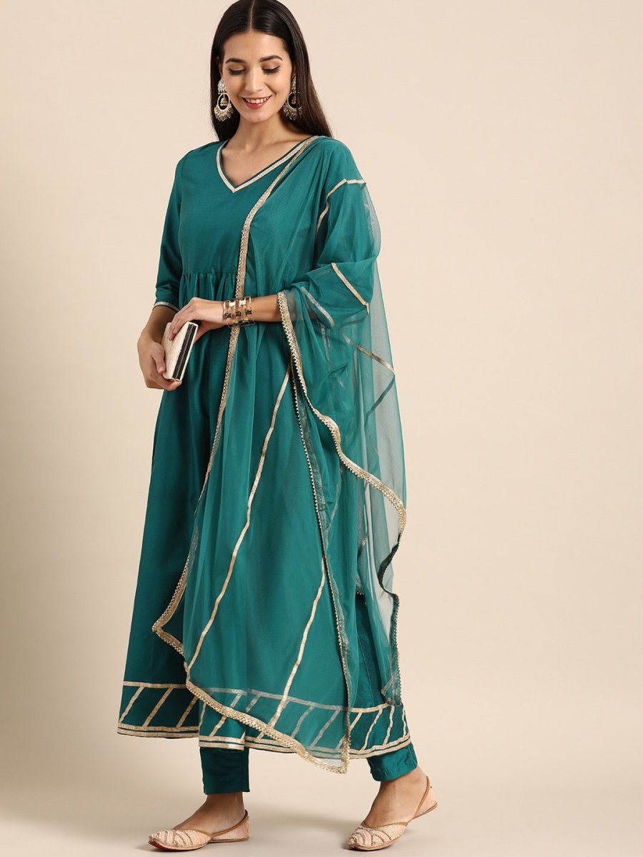 All About You Women Teal Green Solid V-Neck Anarkali Kurta with Trousers & Dupatta - Distacart