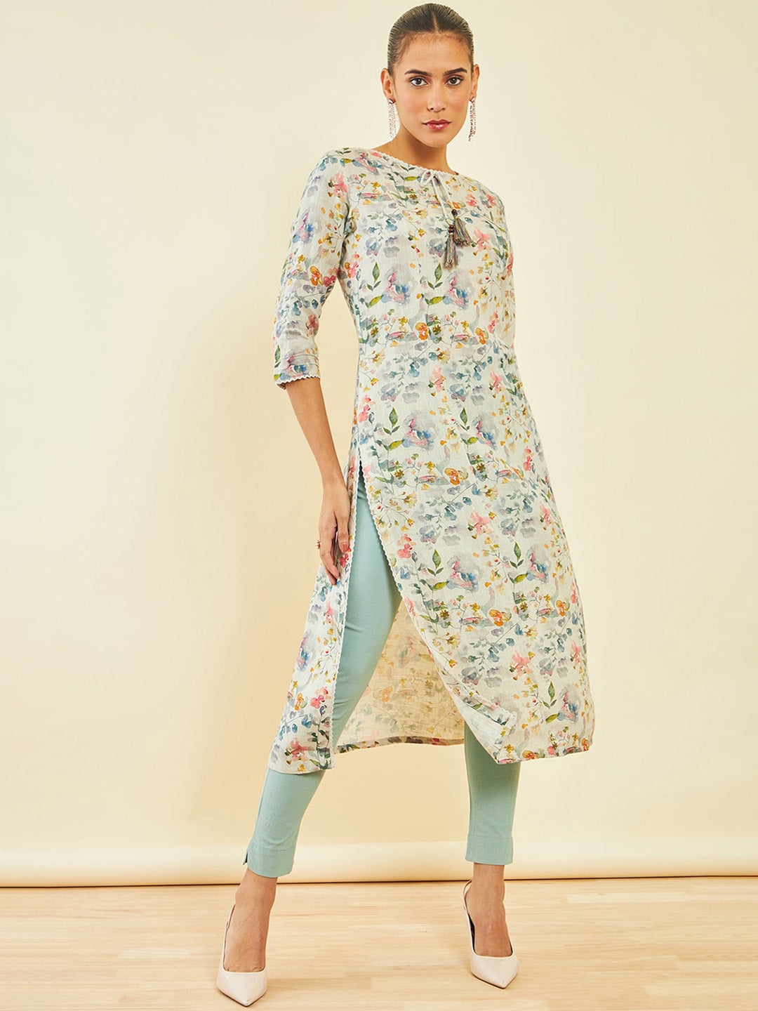 Soch Floral Printed Linen Straight Kurta - Distacart