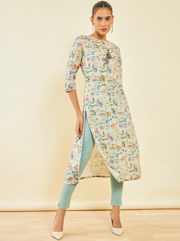 Soch Floral Printed Linen Straight Kurta - Distacart