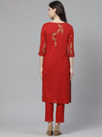 Thumbnail for ADA Women Red & Beige Paisley Chikankari Embroidered Sustainable Handloom Kurta with Trousers - Distacart