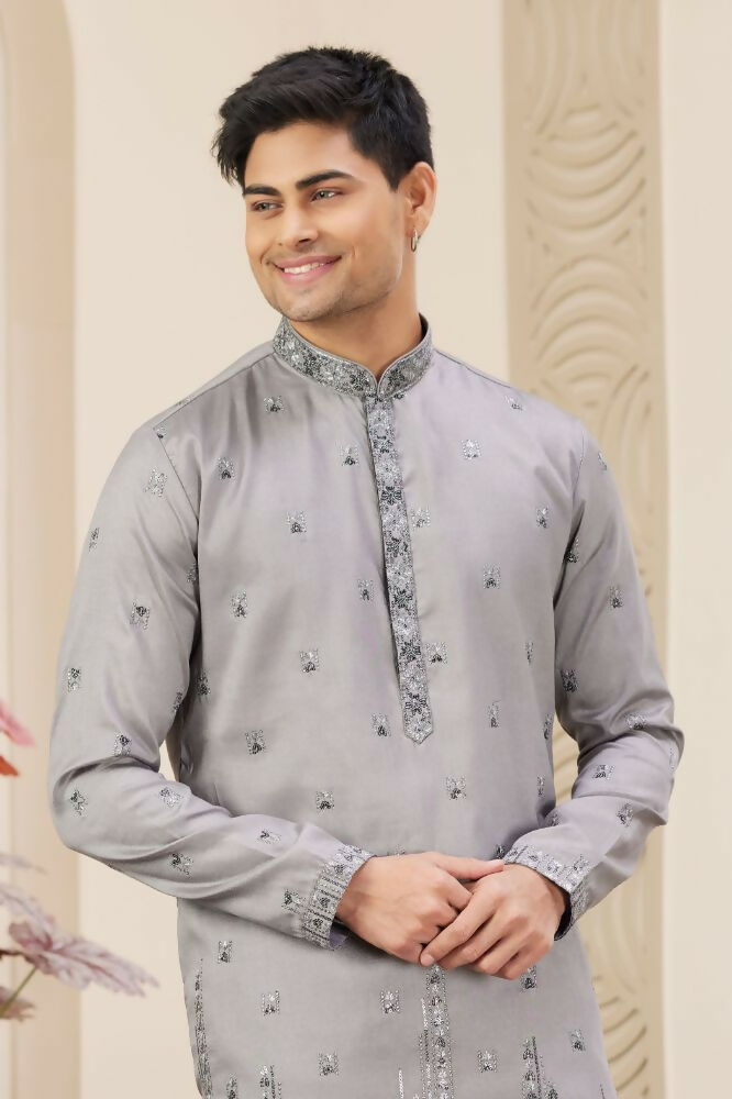 Raivat Ethnic Art Silk Thread Work Kurta Pajama In Grey Colour