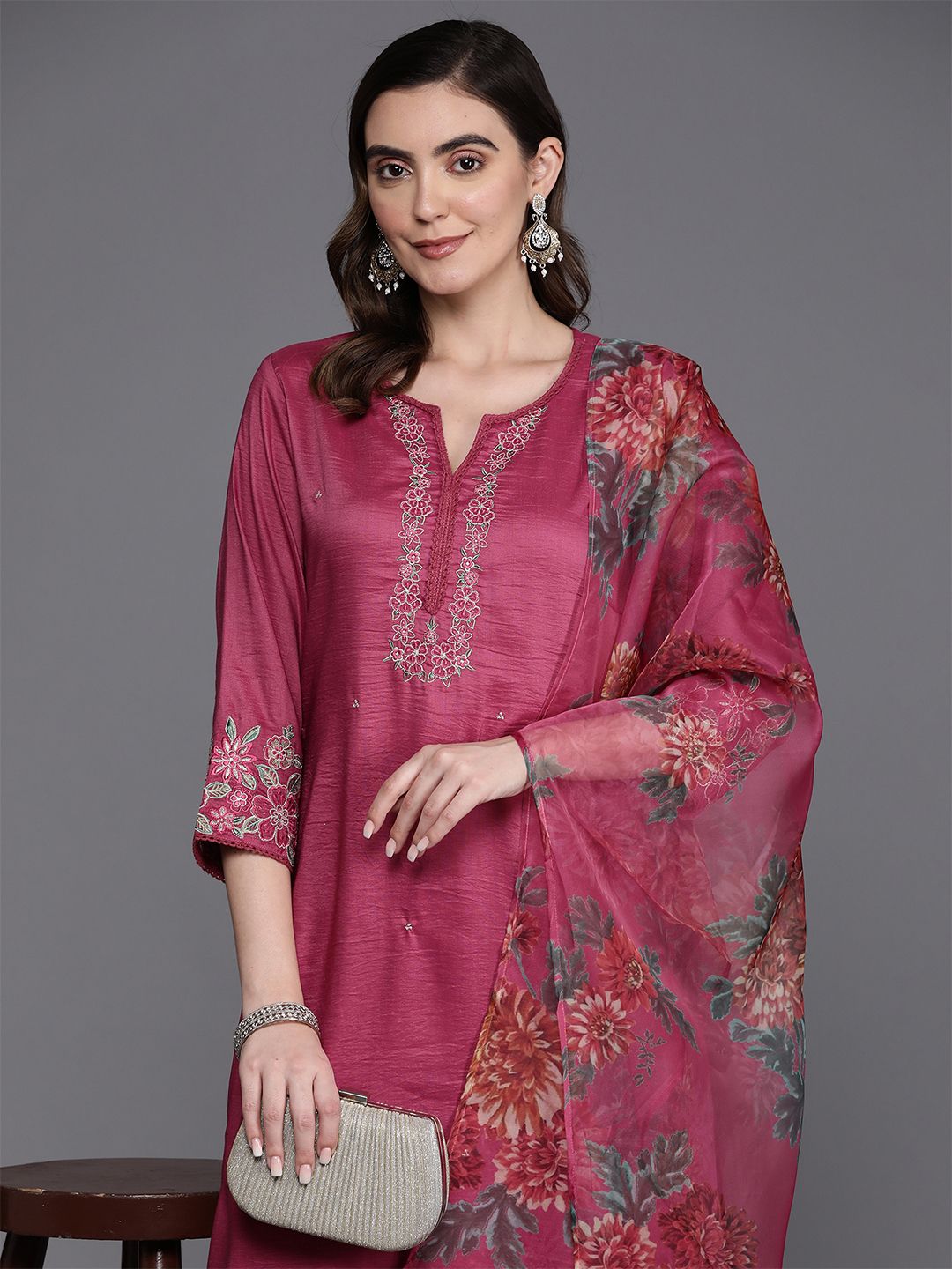 Indo Era Floral Embroidered Thread Work Kurta with Trousers & Dupatta - Distacart