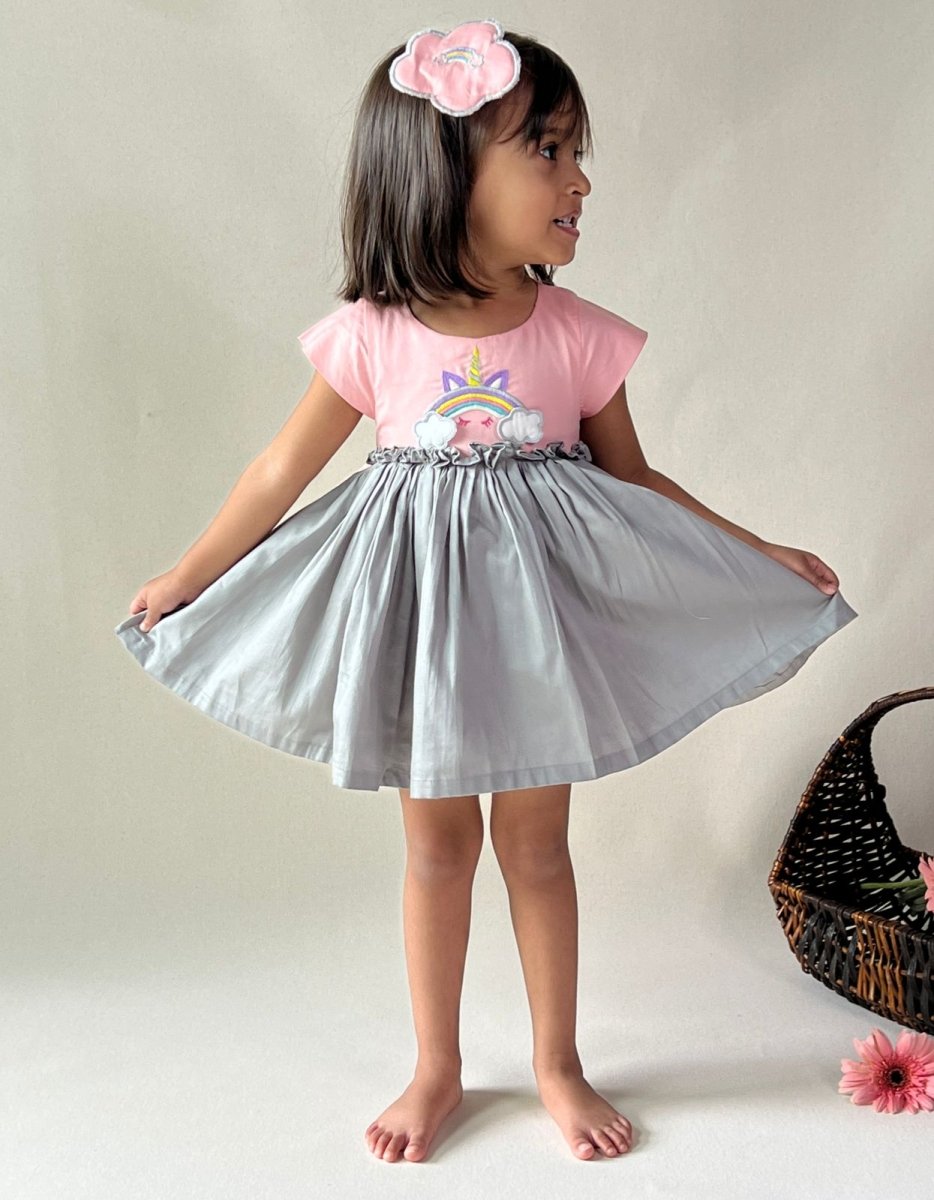 ArthLife Peach And Grey Unicorn Embroidered Dress - Distacart