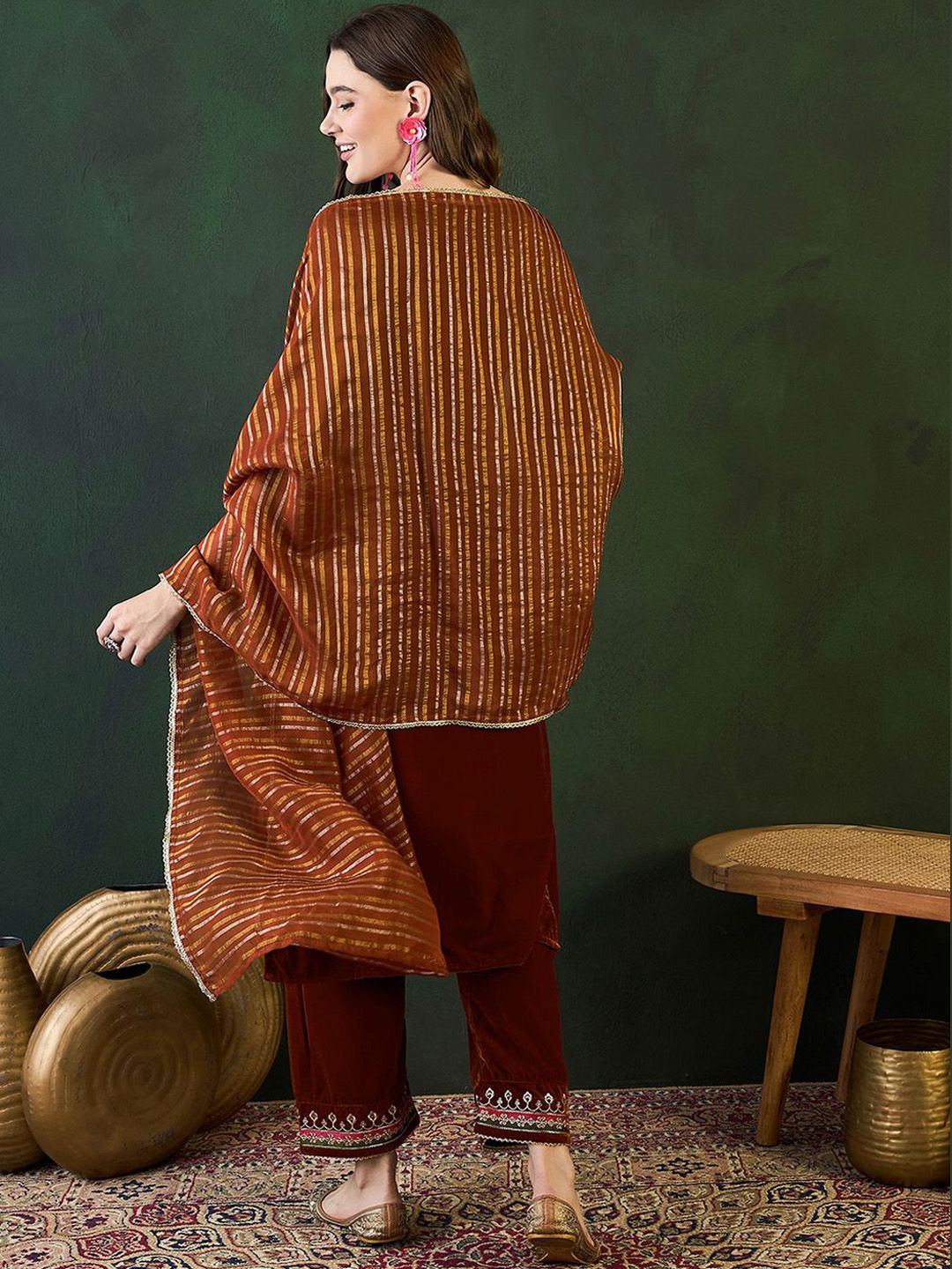 Sangria Embroidered Velvet Kurta & Trousers with Dupatta