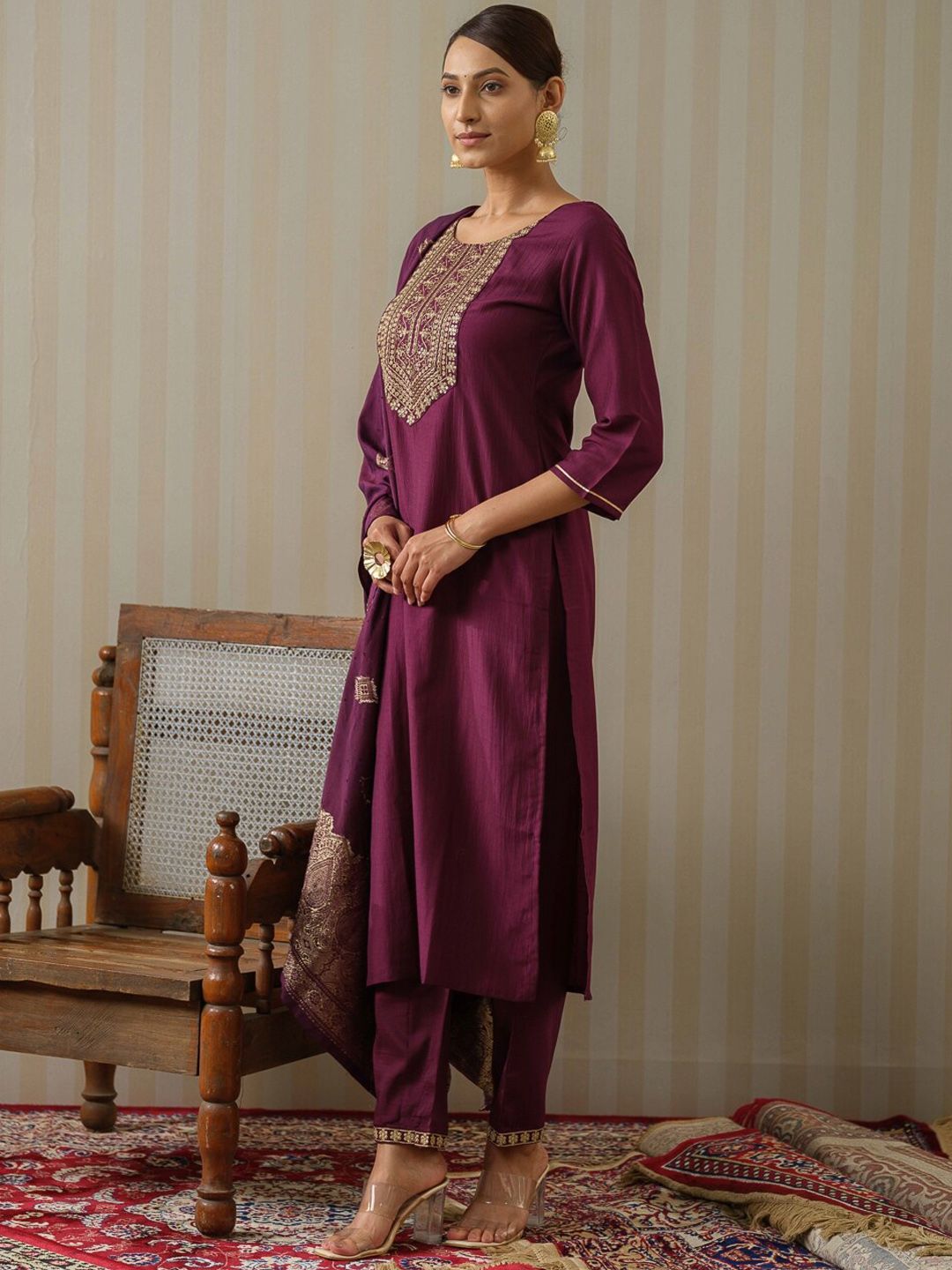 Ode by House of Pataudi Purple Ethnic Motifs Straight Kurta & Trousers With Dupatta - Distacart