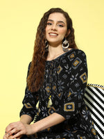 Thumbnail for All About You Women Black & Yellow Printed Thread Work Tiering Liva Anarkali Kurta - Distacart