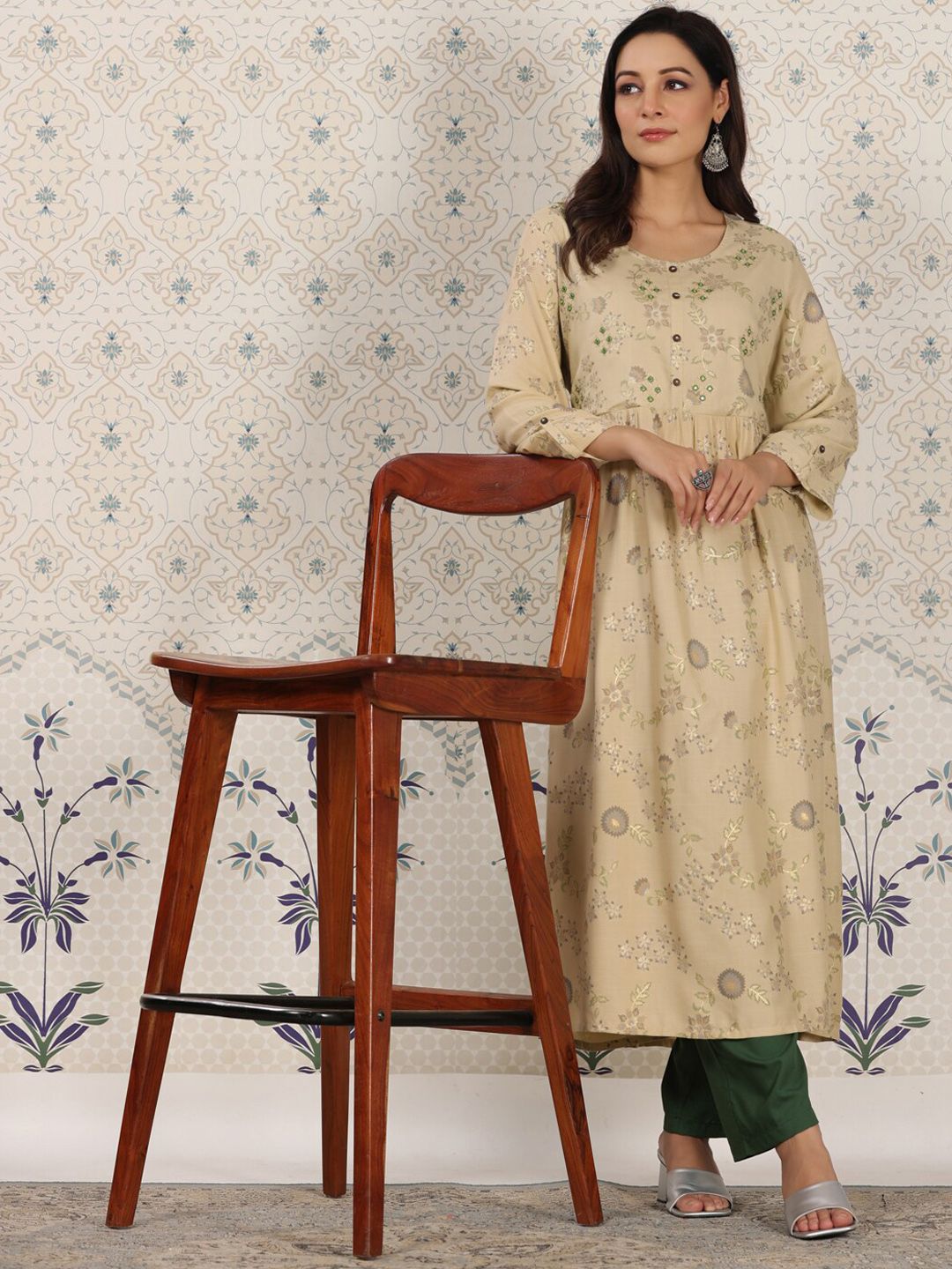 Ode by House of Pataudi Ethnic motifs Printed Mirror Work Detailed A-Line Kurta - Distacart
