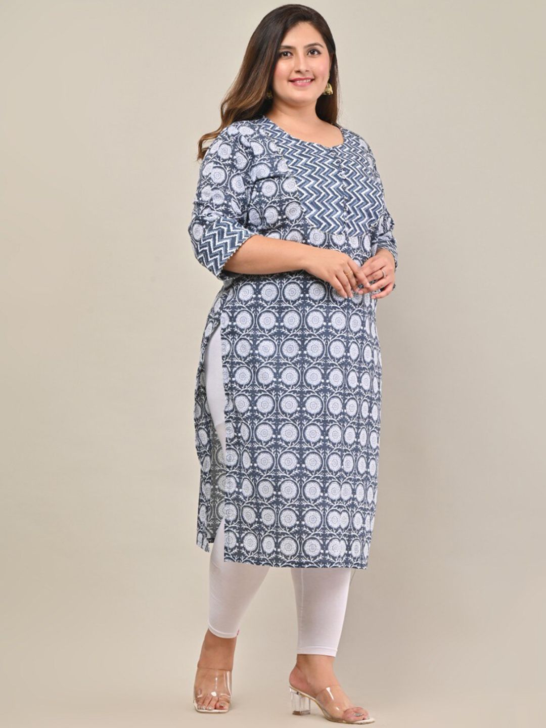 Swasti Women Plus Size Navy Blue Floral Printed Cotton Kurta - Distacart