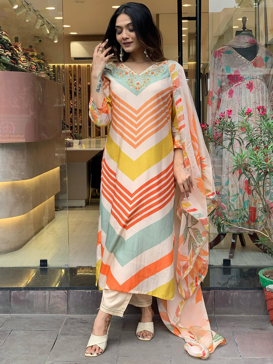 Kalini Striped Thread Work Detailed Straight Kurta & Trouser With Dupatta - Distacart