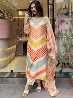 Thumbnail for Kalini Striped Thread Work Detailed Straight Kurta & Trouser With Dupatta - Distacart