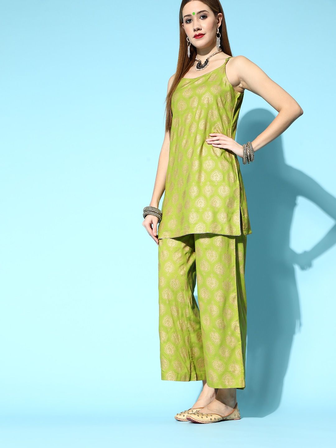 Ode by House of Pataudi Lime Green & Golden Ethnic Motif Print Kurta Set - Distacart